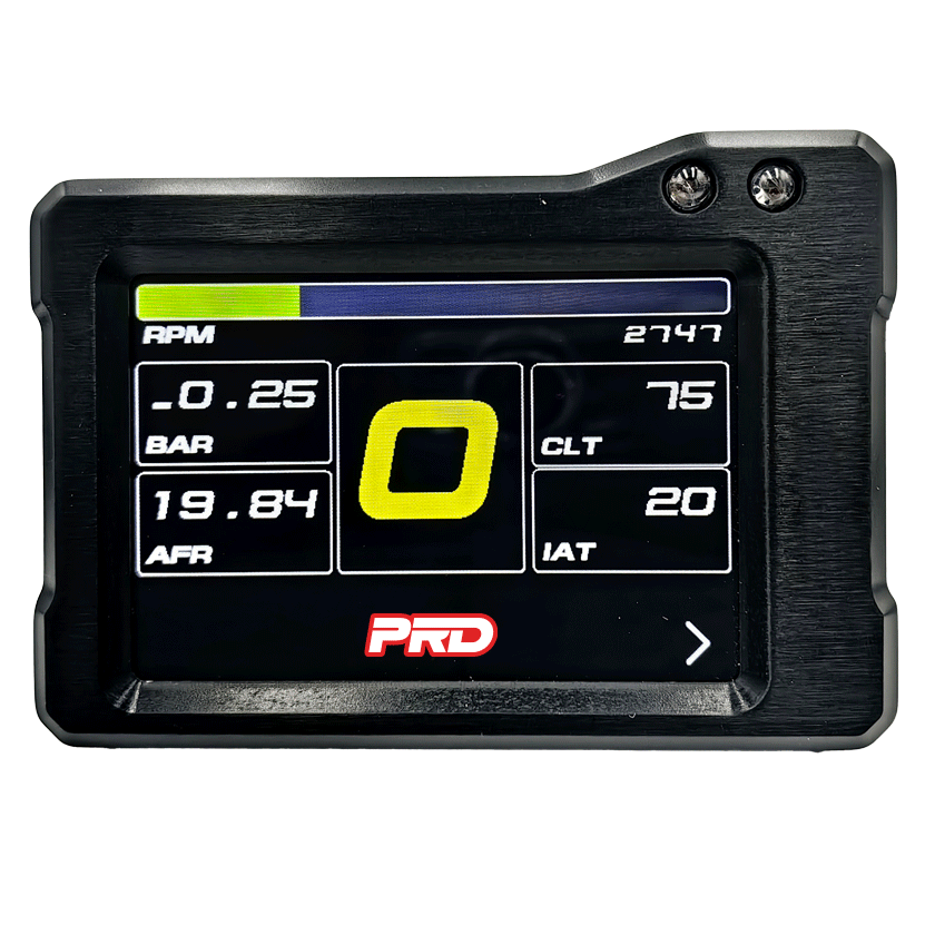 PRD GT 3.5 digital motorsport display showing RPM, MAP, AFR, CLT, and IAT on a color screen