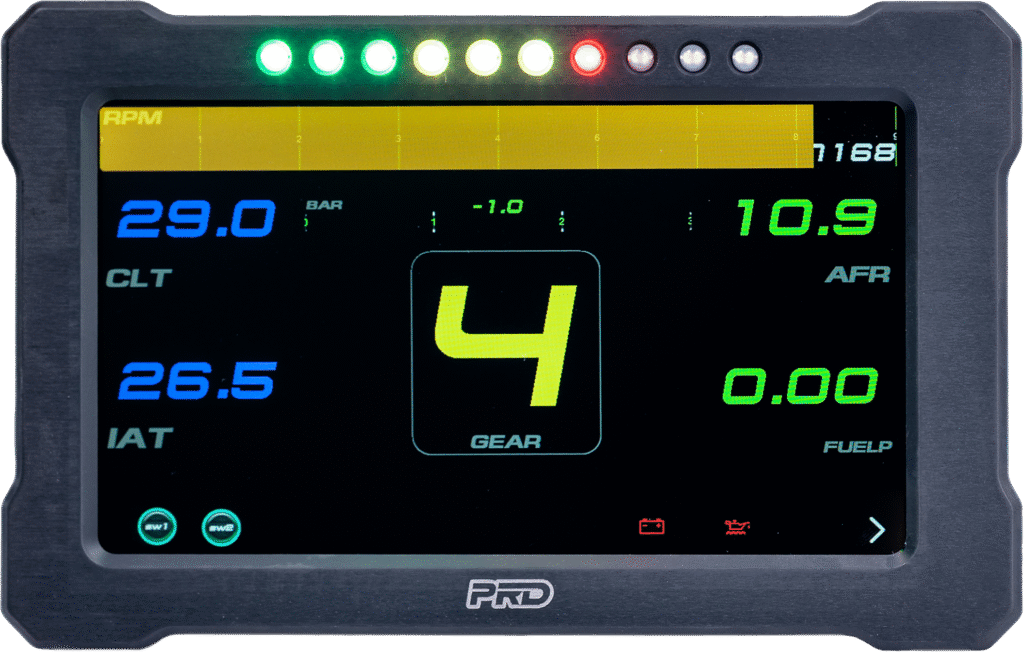 PRD GT 7 digital motorsport display showing RPM, MAP, AFR, CLT, and IAT on a color screen