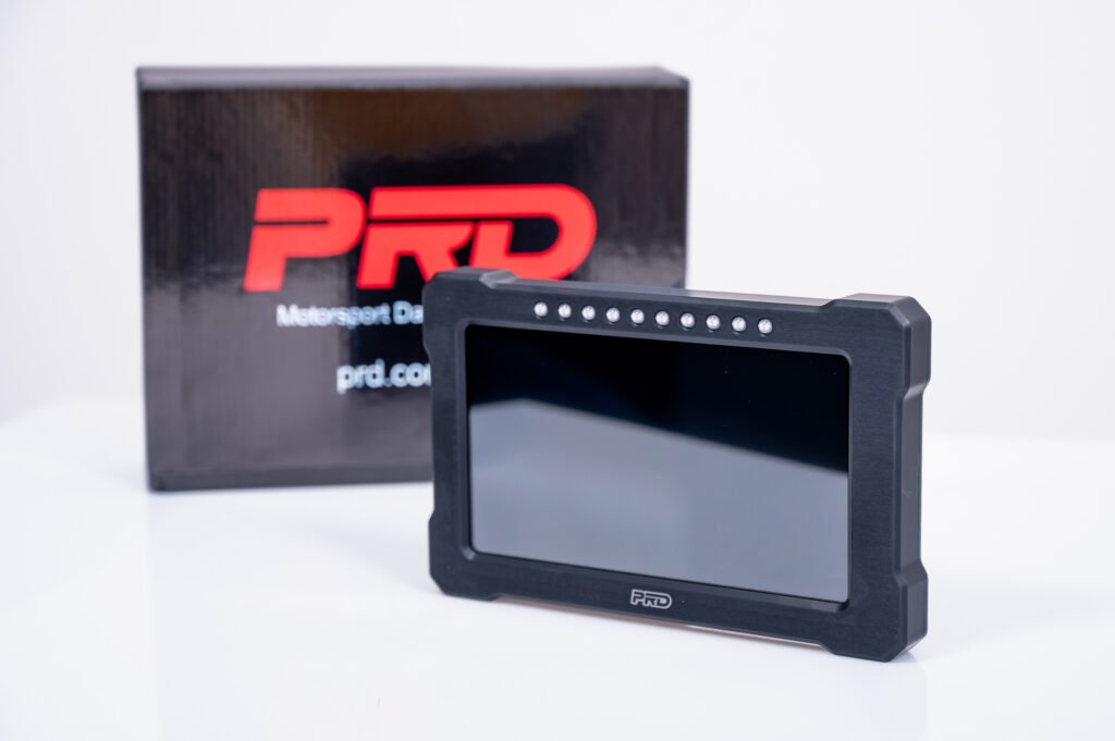PRD GT 7 digital motorsport display showing RPM, MAP, AFR, CLT, and IAT on a color screen