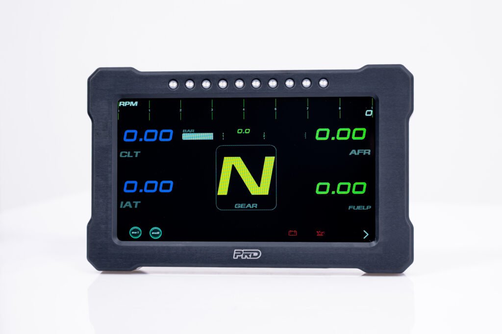 PRD GT 7 digital motorsport display showing RPM, MAP, AFR, CLT, and IAT on a color screen