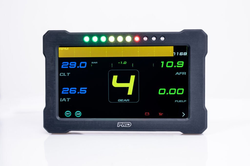PRD GT 7 digital motorsport display showing RPM, MAP, AFR, CLT, and IAT on a color screen