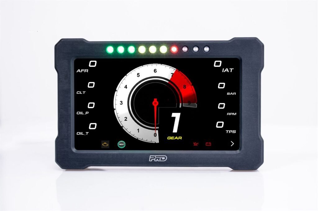 PRD GT 7 digital dash display showing the analog tachometer layout with gear indicator and RGB shift lights